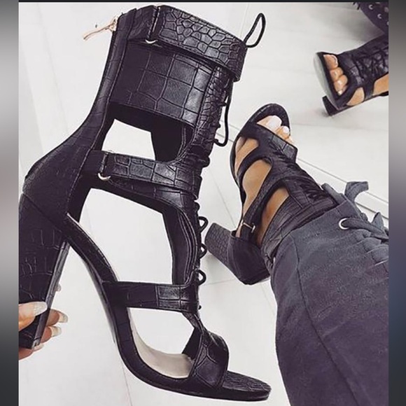 SIMMI black lace up  Cutout Chunky Heeled Sandals Croc print faux Leather - Picture 1 of 5